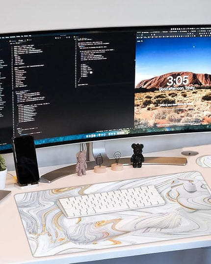 Keyboard Wrist Rest Large Mouse Pad Wrist Support for Computer, 4 in 1 Memory Foam Keyboard Pad Desk Mat Ergonomic Hand Rest Wrist Cushion for Home Office Gaming-White Marble