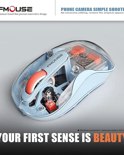 Unique Transparent Wireless Mouse, Dual Bluetooth & 2.4GHz for Multi Device, USB-C Receiver Ideal for MacBook/Laptops, Rechargeable, Silent, Portable, Cool LED, Enhanced Durability - Blue