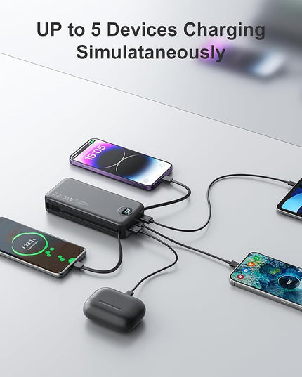 20000mAh Ultra-Portable-Charger-Power-Bank PD20W with Built in Cables&AC Wall Plug,Fast Charging Cell Phone Charger Battery Pack,LED Display Travel Battery Bank for All iPhone,Samsung,Android