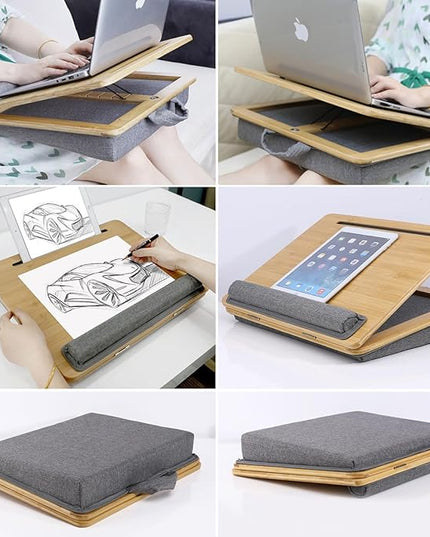 SUMISKY Adjustable Lap Desk-Portable Laptop Stand with Cushion, Bamboo Platform with Phone Holder, Wrist Pad Fits up to 15.6 Inch Laptops