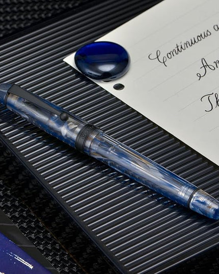 Asvine V126 Vacuum Filling Fountain Pen Blue Swirl Acrylic, Medium Nib Large-Capacity with Gift Case