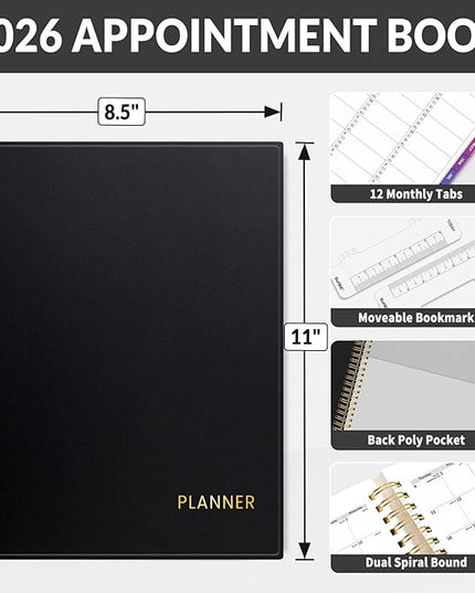 SUNEE 2026 Appointment Book 15-Minute Time Block - Daily, Weekly & Monthly Spiral Planner with Note Section - Thick Paper, Lay-Flat Bound - 8.5 x 11 for Office, School, Men & Women, Black