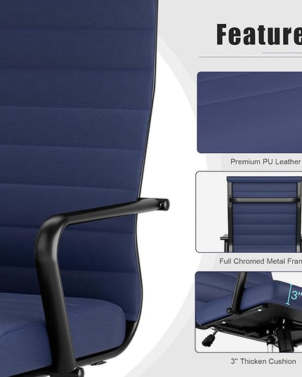 Okeysen Blue Leather Office Desk Chair, Conference Room Chairs Executive Chair Ribbed, Ergonomic Height Adjustable Swivel Rolling Chair for Home Office.
