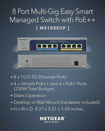 NETGEAR 8-Port Ultra60 PoE Multi-Gigabit Ethernet Easy Smart Managed Switch (MS108EUP) - Managed, with 4 x PoE++ and 4 x PoE+ @ 230W, Desktop or Wall Mount, and Limited Lifetime Protection
