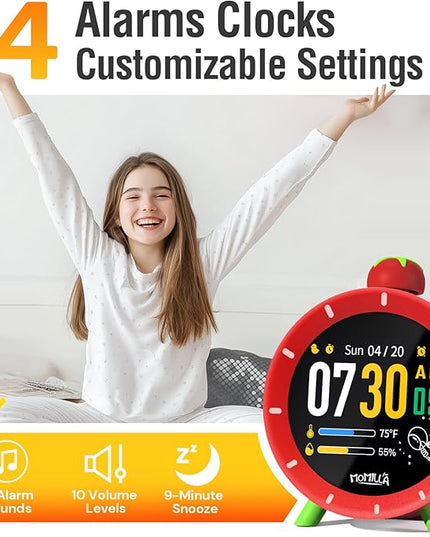 MOMILLA Kids Alarm Clock for Bedrooms, Colorful Display 7-Day Programmable 4 Alarms, Visual Timer with White Noise, Digital Clock Loud for Heavy Sleepers, Christmas Birthday Gifts for Girls Boys