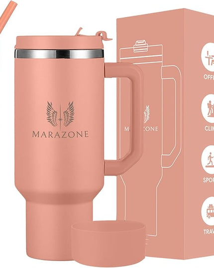 40 oz Insulated Tumbler with Handle and Straw – Double Wall Stainless Steel Vacuum Cup | Car Cup Holder Fit | Hot Cold Travel Mug | BPA Free Reusable Water Bottle Gift for Her (Sunset Pink)