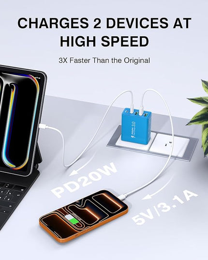 [2-Pack] USB C Wall Charger, 60W USB C Charger Block 5-Port PD Fast Charging Blocks,2USB C+3USB A Multiport Plug,Type C Power Adapter Brick Cube for iPhone17/16/15/14/Pro,iPad,Samsung,for Switch（Blue）