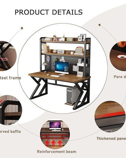31.4in Gaming Desk with Bookshelf Combo, Computer Desk with Pegboard, Large Writing Table with Desktop Shelves, Ample Leg Room, for Home Office (Brown, 31.4in)