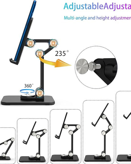 Jusanice 360 Rotating Cell Phone Stand,Folding Phone Stand,Adjustable Height and Angle Foldable Cell Phone Stand Holder for Desk, Taller iPhone Stand Compatible with iPad Smartphones Tablet (Black)