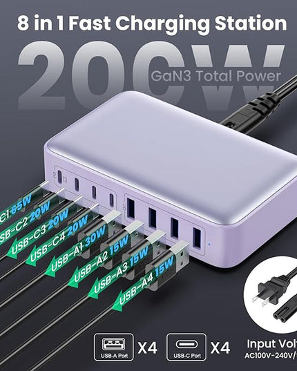 USB C Charger 200W USB C Charger Block GaN III 8-Port Fast Charging Station PD 65W Laptop Charger Adapter Compatible with MacBook Pro/Air,DELL,HP Surface,iPhone 15/14/13,Galaxy S23/22 (Purple)