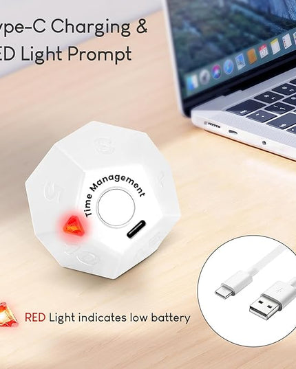 Mini 12 Sided Cube Timer, 11 Preset Times Pomodoro Timer for Enhanced Productivity. Ideal for ADHD Management, Workout, Study & Kitchen Cooking. Easy to Use（White）