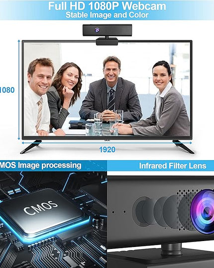 ROTOPATA Webcam with Speakers and Mic, Full HD 1080P/30FPS Computer Camera for Streaming Video Conference , 4 Noise-Cancelling Mics, Privacy Cover, 90°FOV, USB-A, Webcam for PC Desktop Monitor Laptop