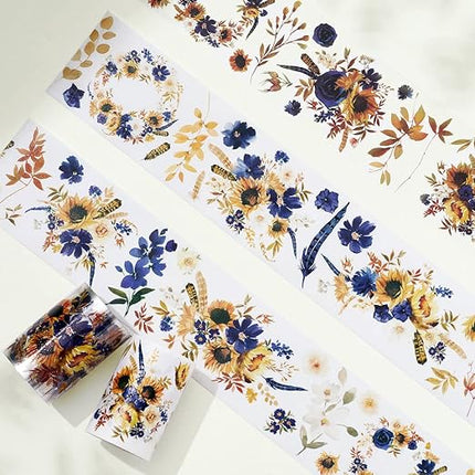 WT PET Tape, Floral Sunflower & Navy Design, Wide Decorative Craft Tape, Single Roll, Clear Transparent Tape for Bujo Planner & DIY Scrapbooking Supplies