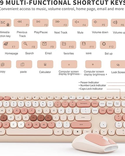 Wireless Keyboard and Mouse Combo, Colorful Ergonomic Full Size Retro Low-Noise Keyboard with Cute keycaps, Compatible with Windows, PC, Perfer for Home and Office Keyboards (Brown)
