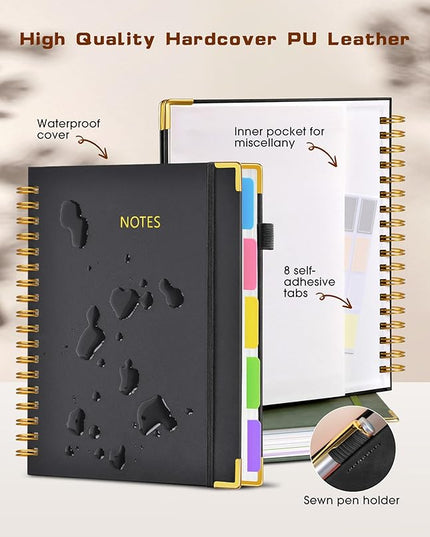 Hardcover Spiral Notebook journal with Removable Dividers Tabs, 300 Pages Leather 5 Subject Notebook College Ruled, 8"x10" Large B5 Notebooks for Work School Note taking, Lined Journal for Women,Black
