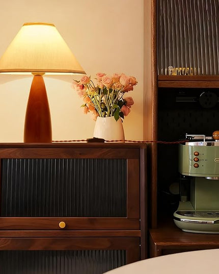 Bedside Table Lamp for Bedroom, Mid-Century Modern Plug in Fabric Shade & Solid Wood Base Desk Lamp, Plug & Play Red Wood Nightstand Lamp for Living Room, Office 【Bulb Included】