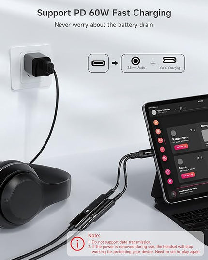 ZOOAUX USB C to 3.5mm Headphone and Charger Adapter, 2-in-1 USB Type C to Aux Audio Jack Splitter, PD 60W Fast Charging Dongle for iPhone 17/16/15, Galaxy S25/S24/S23, iPad Pro, Pixel (Black)