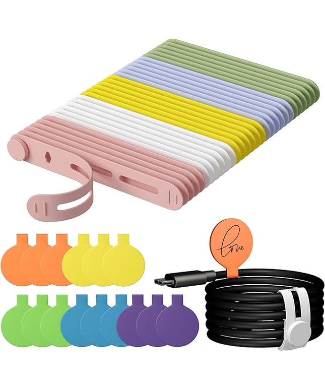 45Pcs Nearockle Cable Labels and Silicone Cable Ties Value Cable Management Set, 30 Cable Ties+15 Cord Labels for Electronics, Travel Home Office Desk Wire Organization(Multicolor)