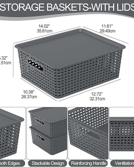 Zopnny 6-Pack Plastic Lidded Storage Shelf Basket, Stackable Organizer Baskets with Lid for Desktop, Pantry, Closet, Office (Grey)