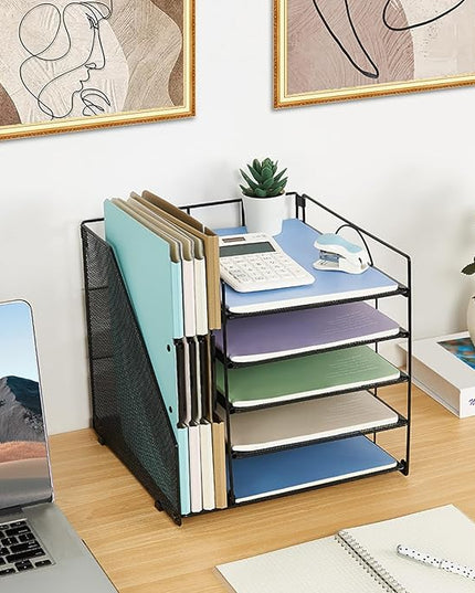 LEKETREE Desk Organizers and Accessories, 5-Tier Paper Letter Tray Organizer with File Holder, Desktop Organizer for Office Supplies (Black)