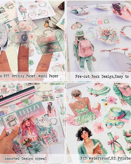 Dwpetzo Breezy Holiday Scenery Pre-Cut Journal Sticker Book for Women Journaling, Assorted Materials Paper PET Washi Stickers for Scrapbooking, Junk Journal Supplies, Planner, Collage, Crafts Arts