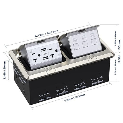 KYHSHJ Dual Pop-Up Floor Electrical Outlet Box Kit，20 Amp Stainless Steel USB TR Receptacle Outlet，3-Port RJ45 Datacom Receptacle，Waterproof Gasket with IP44 Waterproof Rating, Stainless Steel Color
