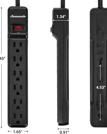 DEWENWILS 2-Pack 6-Outlet Power Strip Surge Protector, 6Ft Long Extension Cord, UL Listed, Low Profile Flat Plug, 15 Amp Circuit Breaker, 500 Joules, Wall Mount, Black