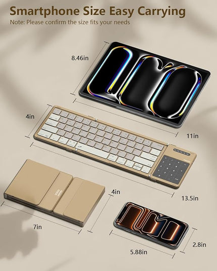 Nillkin Foldable Bluetooth Keyboard with Touchpad & Number Pad, Portable Bluetooth Keyboard with Full Size Keys, Pocket-Sized Wireless Travel Keyboards for iPad, Smartphone, Tablet and Laptop Khaki