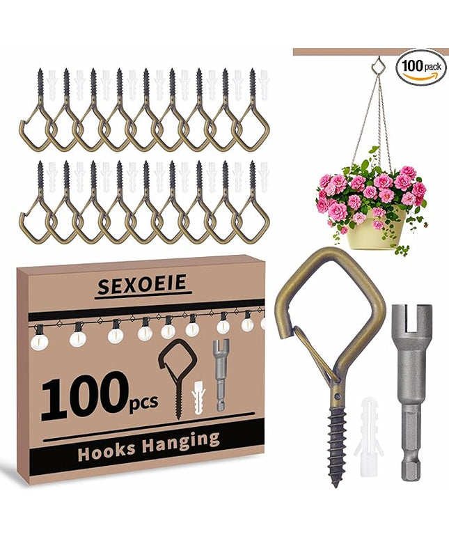 Sexoeie 100 PCS Bronze Eye Screw Hooks for Hanging Heavy Duty with Safety Buckle.Metal Ceiling Hooks for Hanging Plants Cup Wind Chime Bird Feeders Patio Lights at Indoor&Outdoor