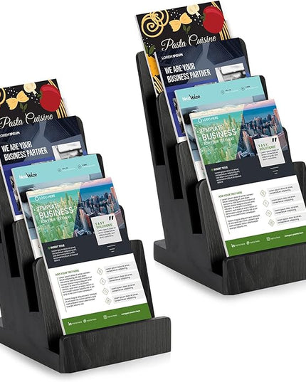 2 Pack 4 Tier Wood Brochure Holder Stand 6 x 9 inch Black Literature Holder Flyer holder for 5.5 x 8.5 inch 5 x 7 inch Booklets Pamphlets Menus Magazines Multi Purpose Organizer