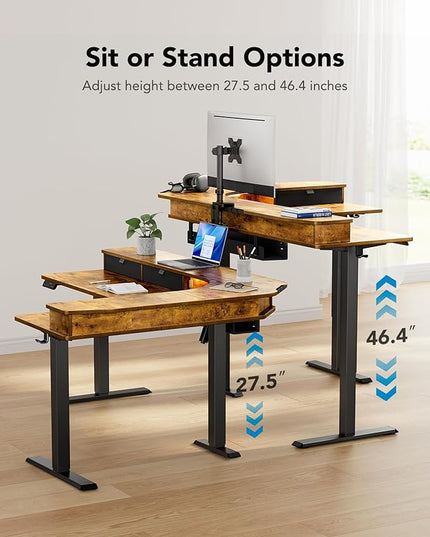 HUANUO 65″ L-Shaped Standing Desk with Power Outlets & LED Strip, Electric Height Adjustable Corner Computer Desk, Sit Stand Up Desk with 3 Drawers, Vintage Brown