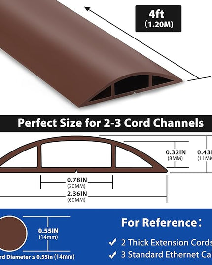 4ft Cord Hider Floor, LZEOY Heavy Duty Cord Covers for Wires on Floor, Brown Floor Cable Management, Hide Cord Cover Floor, Electrical Cable Hider Cord Protector Floor, Cable Cavity: 0.78" W x 0.32" H
