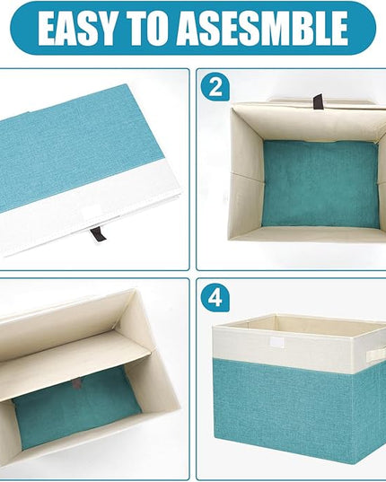 Large 17" 42 Quarts Collapsible Stackable Storage Bins with Lids [3-Pack] Foldable Fabric Linen Storage Boxes Cube, Closet Organizer Baskets with Label for Home (16.7 x 12 x 12", Teal & White)
