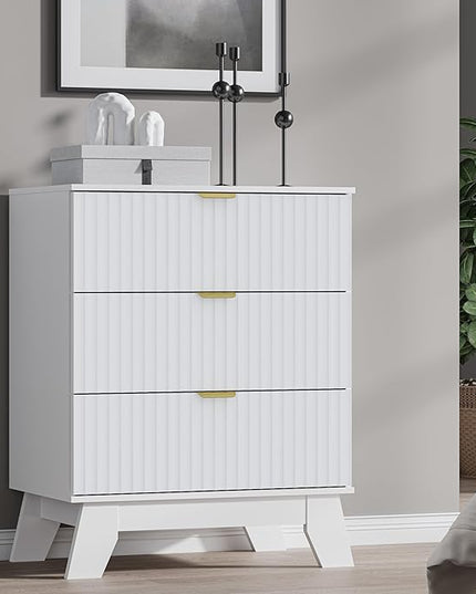 BORNOON Fluted 3 Drawer Dresser, 30.3" Tall Compact Modern Boho Chest of Drawers, Wooden Storage Cabinet for Bedroom, Living Room, Entryway, Curved Profile Design
