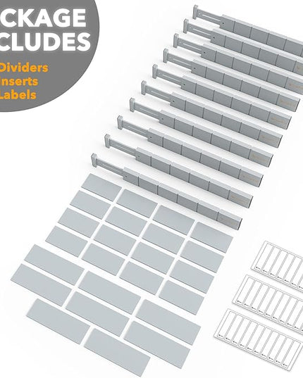 SpaceAid Bamboo Drawer Dividers with Inserts and Labels, Kitchen Adjustable Drawer Organizers, Expandable Organization for Home, Office, Dressers, 10 Dividers with 24 Inserts (17"-22" Gray)