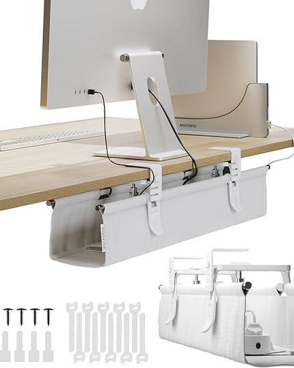 Ascrono Original No Drill Under Desk Cable Management Tray 27.3" - Premium White Fabric Cable Management Under Desk - Clamp/Screw Mount Cord Organizer - Supports Upto 66lbs
