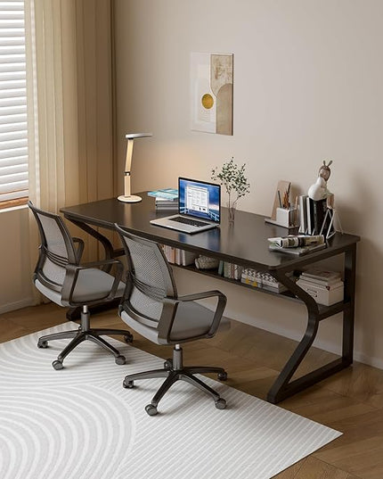 Extra Long Desk with Bookshelf - 55" Double Long Writing Table for 2-Person Workstation, Modern Study Work Computer Desk for Home and Office, Black