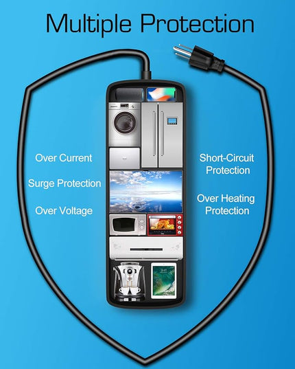 Surge Protector Power Strip - 12 Outlets,4 USB 6A Ports, 6Ft Extension Cord, 1875W/15A, 4360Joules, Overload Protection - Ideal for Home & Office Use (Black-USB6A)