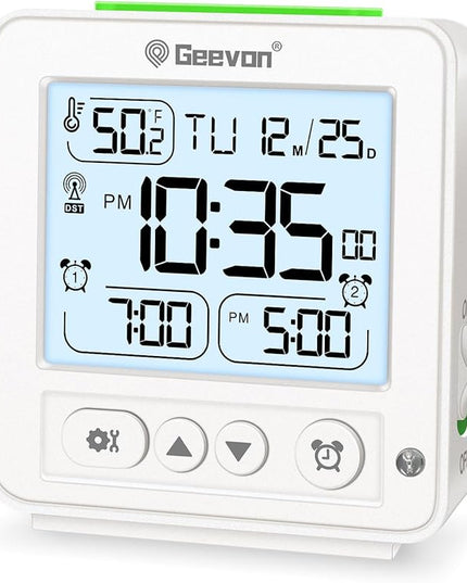 Geevon Small Digital Alarm Clock for Heavy Sleepers, Portable Travel Atomic Clock with Battery Powered, Compact Desk Table Clock with Auto Light Night, Dual Alarms, 8s Backlight for Bedroom, White