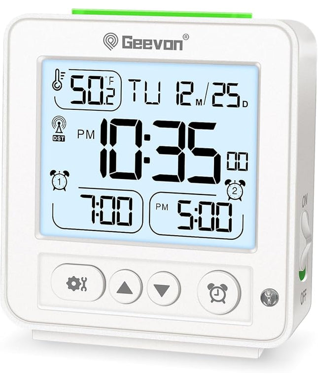 Geevon Small Digital Alarm Clock for Heavy Sleepers, Portable Travel Atomic Clock with Battery Powered, Compact Desk Table Clock with Auto Light Night, Dual Alarms, 8s Backlight for Bedroom, White