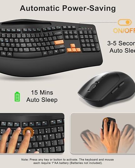 Wireless Keyboard and Mouse Combo, 2.4G Full Size Wave Keys Ergonomic Keyboard with Wrist Rest, Phone Holder, 3-Level DPI Wireless Silent Mouse with 6-Buttons, for Windows/Mac OS/Laptop(Orange Black)