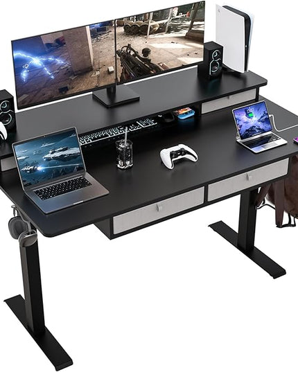 55 * 30 Inches Electric Standing Widened Desk Adjustable Height with 4 Drawers, Double Storage Shelves Stand Up Desk, Home Office Workstation Sit Stand up Desk (Classical Black)