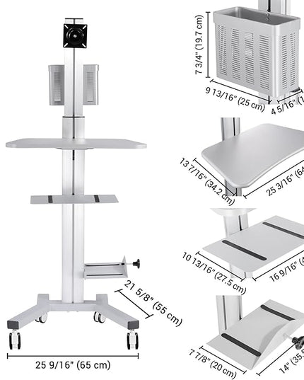 Yescom Mobile Computer Cart Rolling PC Stand Desk Workstation on Wheels with Monitor Mount Adjustable Keyboard Tray CPU Printer Holder for Hospital Clinic School Office Silver