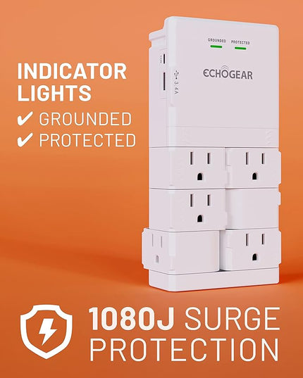 ECHOGEAR Wall Outlet with USB Ports & Surge Protection - Power Protect 8 Devices 6 Rotating AC Plugs 2 Includes 1x USB-C Port USB-A White