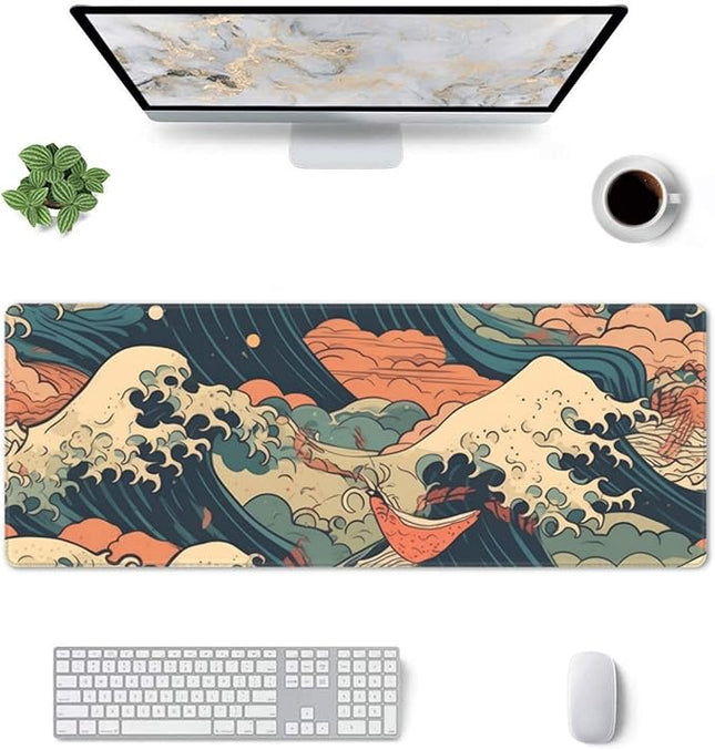 Vintage Japanese Wave Gaming Mouse Pad XL, Large Non Slip Rubber Mousepad, Stitched Edges Mouse Pads, Long Extended Mouse Pad,31.5'' X 11.8''