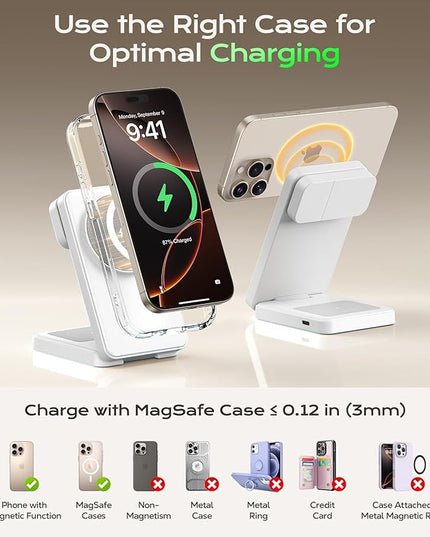 3 in 1 Magnetic Charging Station, 15W Fast Wireless Charger Compatible with MagSafe Charger Stand for iPhone 17 16 15 14 13 12, Apple Watch Charger & AirPods, Foldable Travel Charging Dock, White