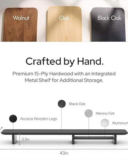 KIVY Dual Monitor Riser With Integrated Metal Shelf [MADE BY HAND] - Wooden Desk Shelf for 2 Monitors - Wide Long Stand for Desk (44 x10x3in - Black)