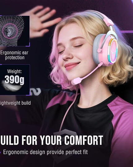 FIFINE Wired RGB Gaming Headset, PC Over-Ear Streaming Headset with USB, 7.1 Surround Sound, Noise-Cancelling Mic, Soft Ear Pads, 4 EQ Modes for PC, Laptop, Mac, PS4, PS5 - AmpliGame H13P (Pink)