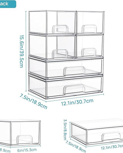 Vtopmart Stackable Storage Drawers Set of 6, Clear Plastic Organizer Bins for Bathroom Supplies,Ideal for Cabinet,Pantry,Laundry Room Organization