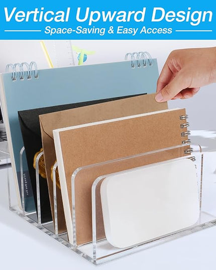 Acrylic Mail Organizer File Holder for Desk, 5 Compartments Clear Desk Organizer Desktop Vertical Letter Sorter for Envelopes, Bill, Document, Notebook,Countertop Folder for Office, Home & School,1 PC